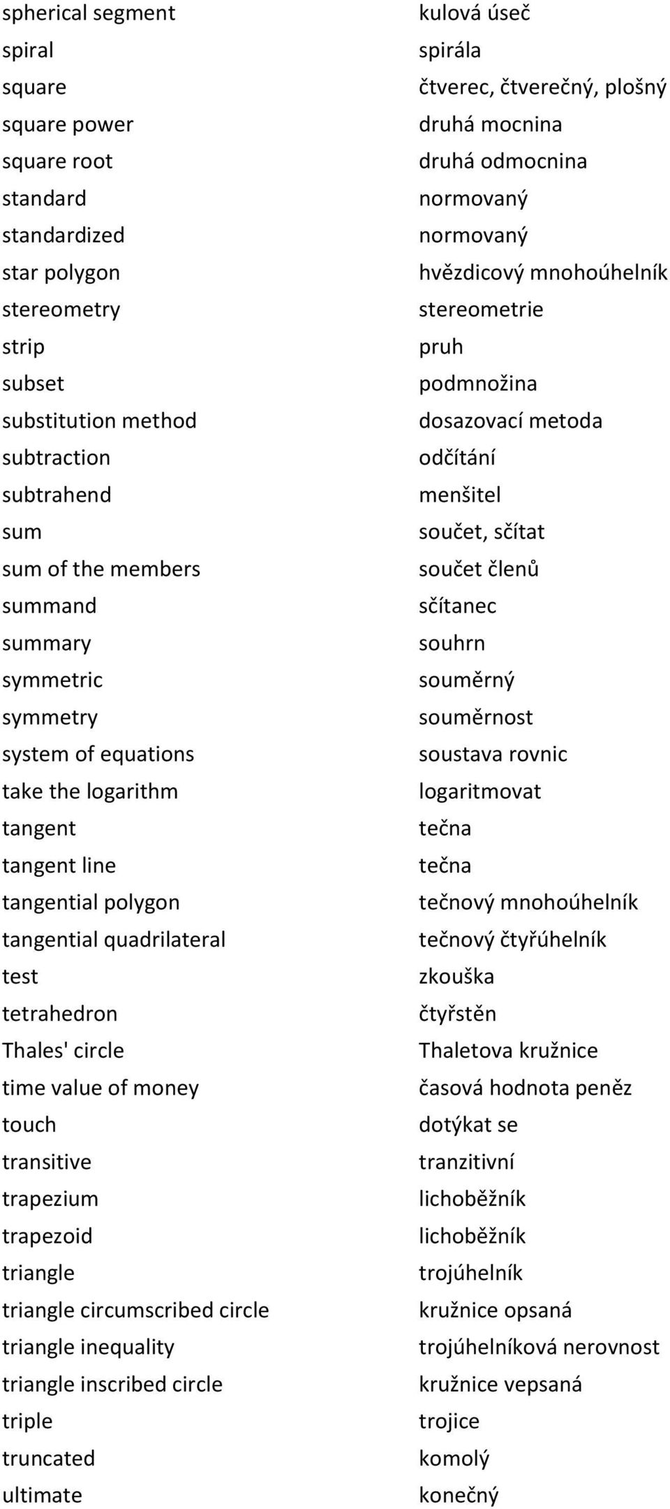 trapezium trapezoid triangle triangle circumscribed circle triangle inequality triangle inscribed circle triple truncated ultimate kulová úseč spirála čtverec, čtverečný, plošný druhá mocnina druhá