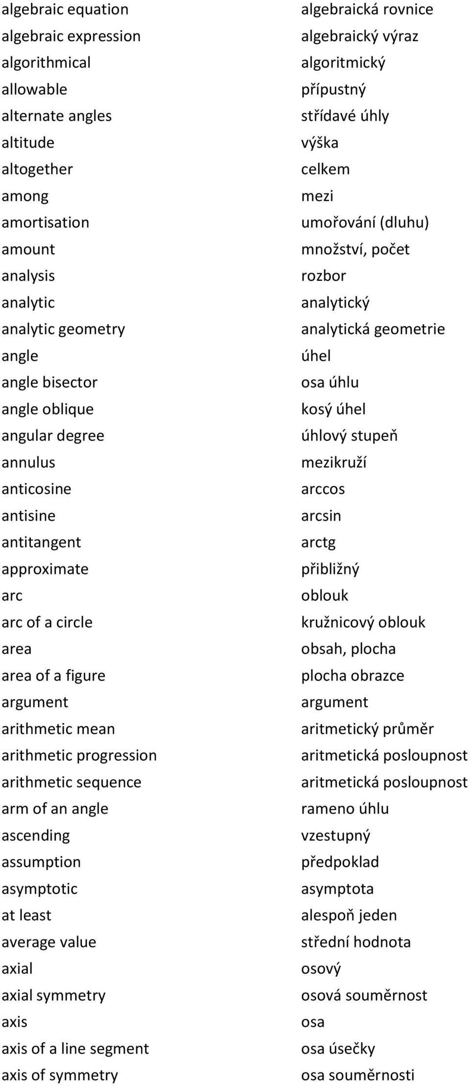 ascending assumption asymptotic at least average value axial axial symmetry axis axis of a line segment axis of symmetry algebraická rovnice algebraický výraz algoritmický přípustný střídavé úhly