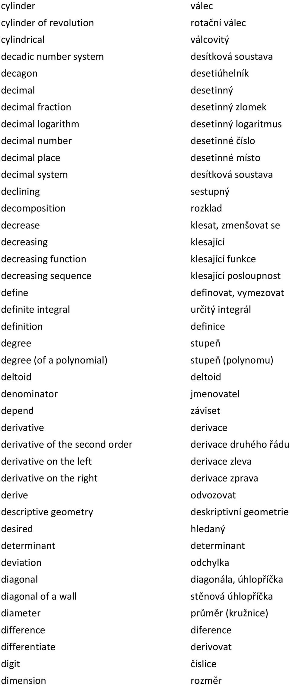 on the left derivative on the right derive descriptive geometry desired determinant deviation diagonal diagonal of a wall diameter difference differentiate digit dimension válec rotační válec