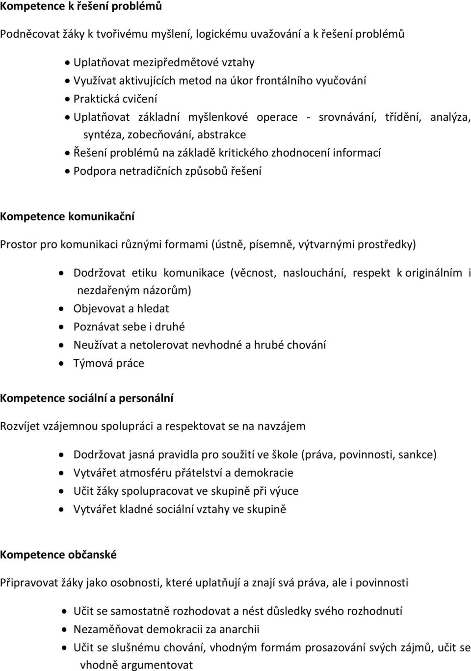 netradičních způsobů řešení Kompetence komunikační Prostor pro komunikaci různými formami (ústně, písemně, výtvarnými prostředky) Dodržovat etiku komunikace (věcnost, naslouchání, respekt k