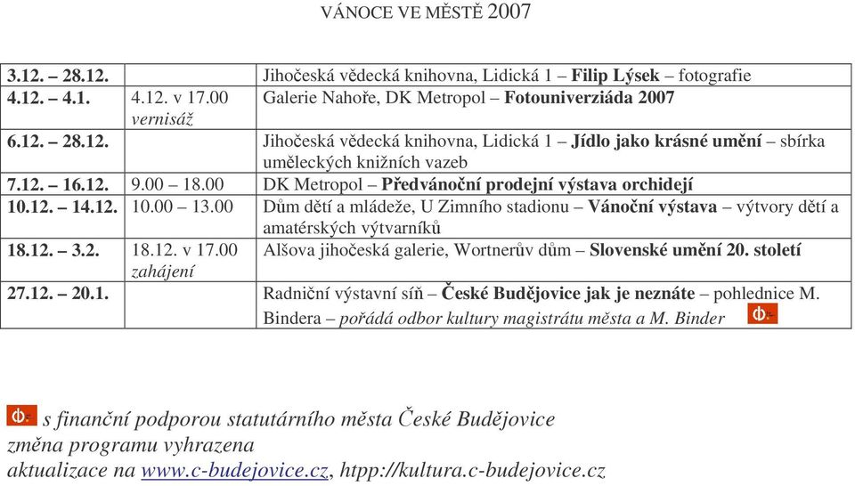 00 Alšova jihoeská galerie, Wortnerv dm Slovenské umní 20. století zahájení 27.12. 20.1. Radniní výstavní sí eské Budjovice jak je neznáte pohlednice M.