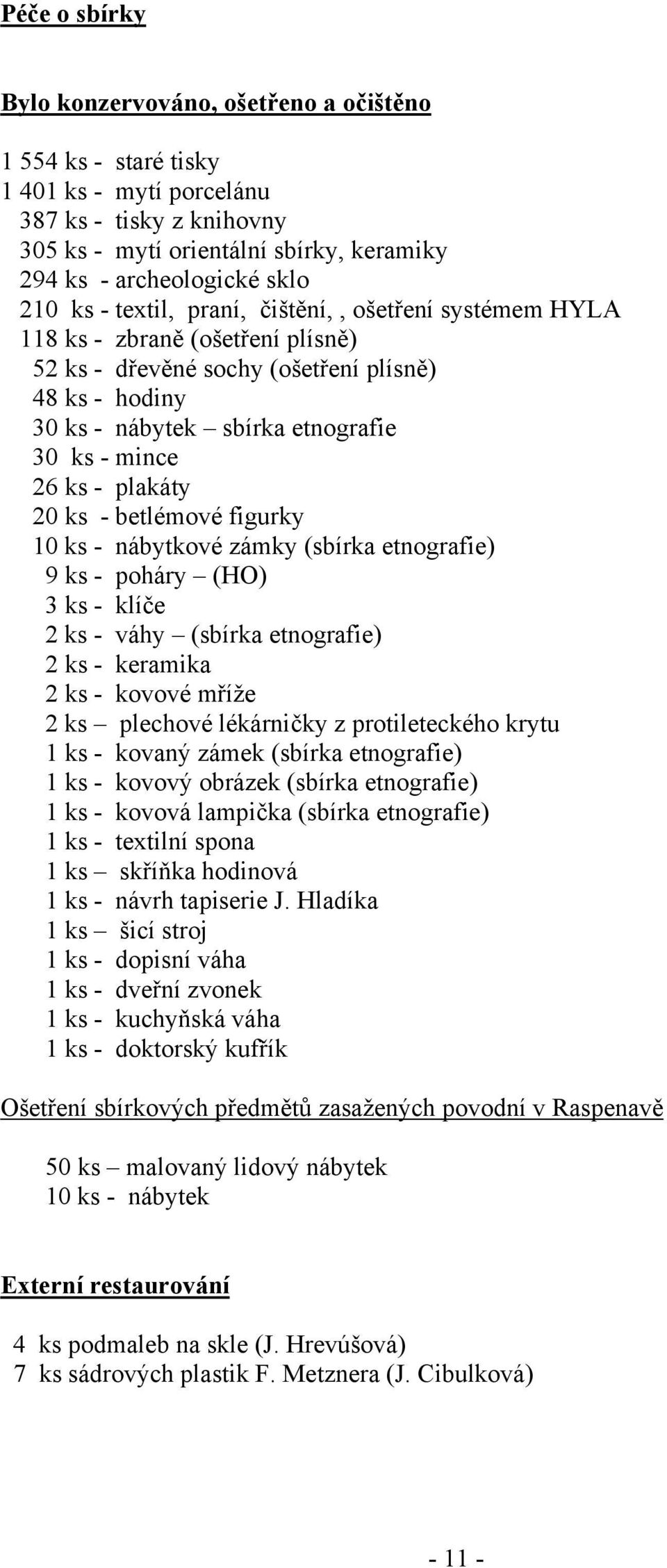 - plakáty 20 ks - betlémové figurky 10 ks - nábytkové zámky (sbírka etnografie) 9 ks - poháry (HO) 3 ks - klíče 2 ks - váhy (sbírka etnografie) 2 ks - keramika 2 ks - kovové mříže 2 ks plechové