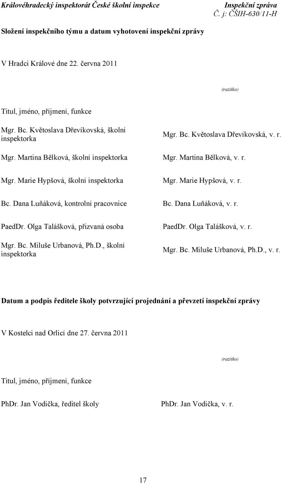 r. PaedDr. Olga Talášková, přizvaná osoba PaedDr. Olga Talášková, v. r. Mgr. Bc. Miluše Urbanová, Ph.D., školní inspektorka Mgr. Bc. Miluše Urbanová, Ph.D., v. r. Datum a podpis ředitele školy potvrzující projednání a převzetí inspekční zprávy V Kostelci nad Orlicí dne 27.