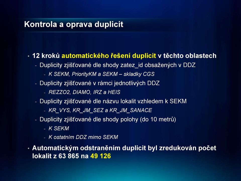 HEIS - Duplicity zjišťované dle názvu lokalit vzhledem k SEKM - KR_VYS, KR_JM_SEZ a KR_JM_SANACE - Duplicity zjišťované dle shody