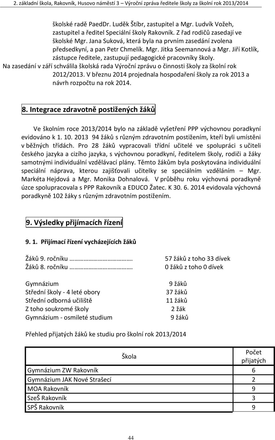 Na zasedání v září schválila školská rada Výroční zprávu o činnosti školy za školní rok 2012/2013. V březnu 2014 projednala hospodaření školy za rok 2013 a návrh rozpočtu na rok 2014. 8.