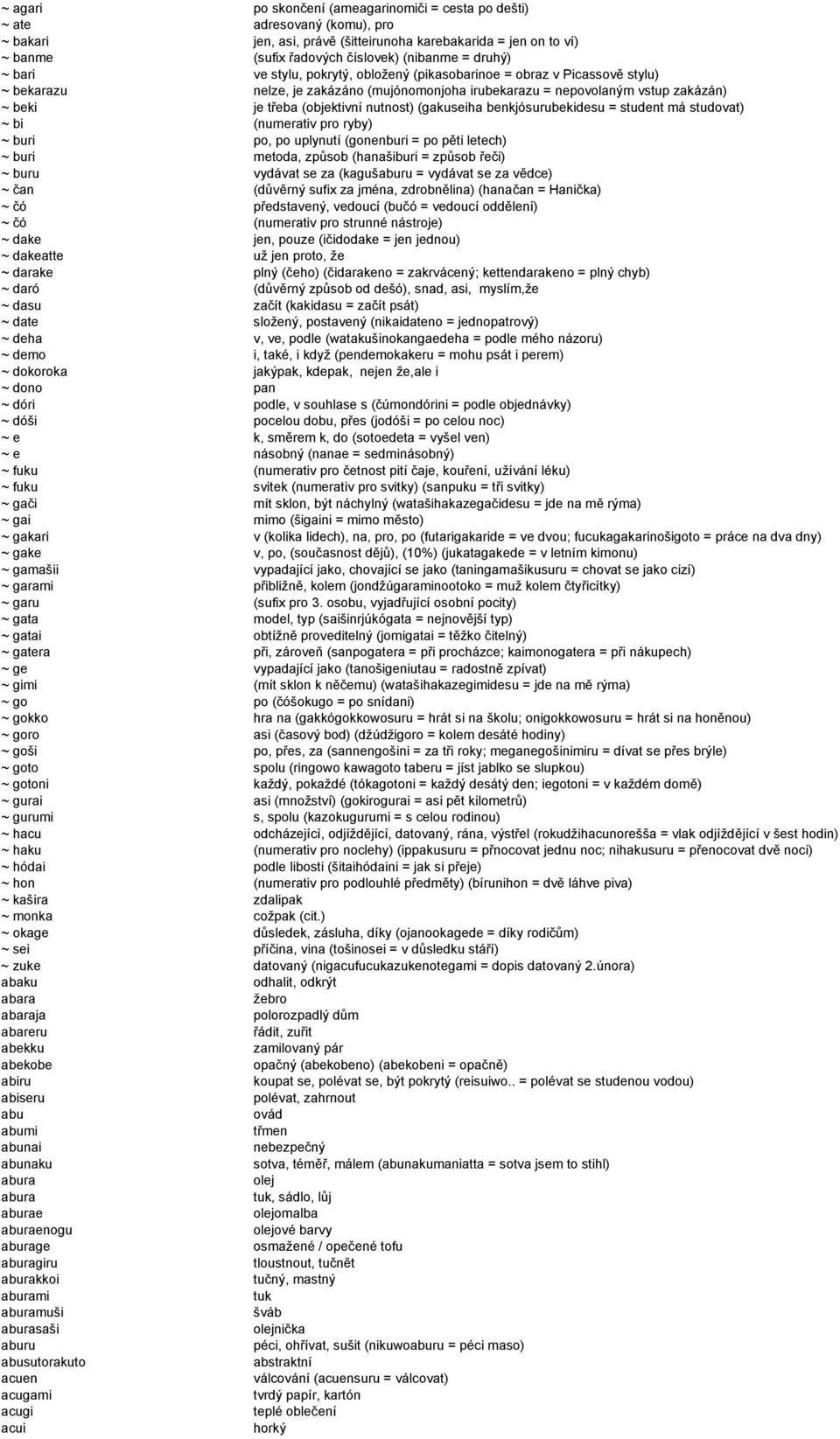 nutnost) (gakuseiha benkjósurubekidesu = student má studovat) ~ bi (numerativ pro ryby) ~ buri po, po uplynutí (gonenburi = po pěti letech) ~ buri metoda, způsob (hanašiburi = způsob řeči) ~ buru