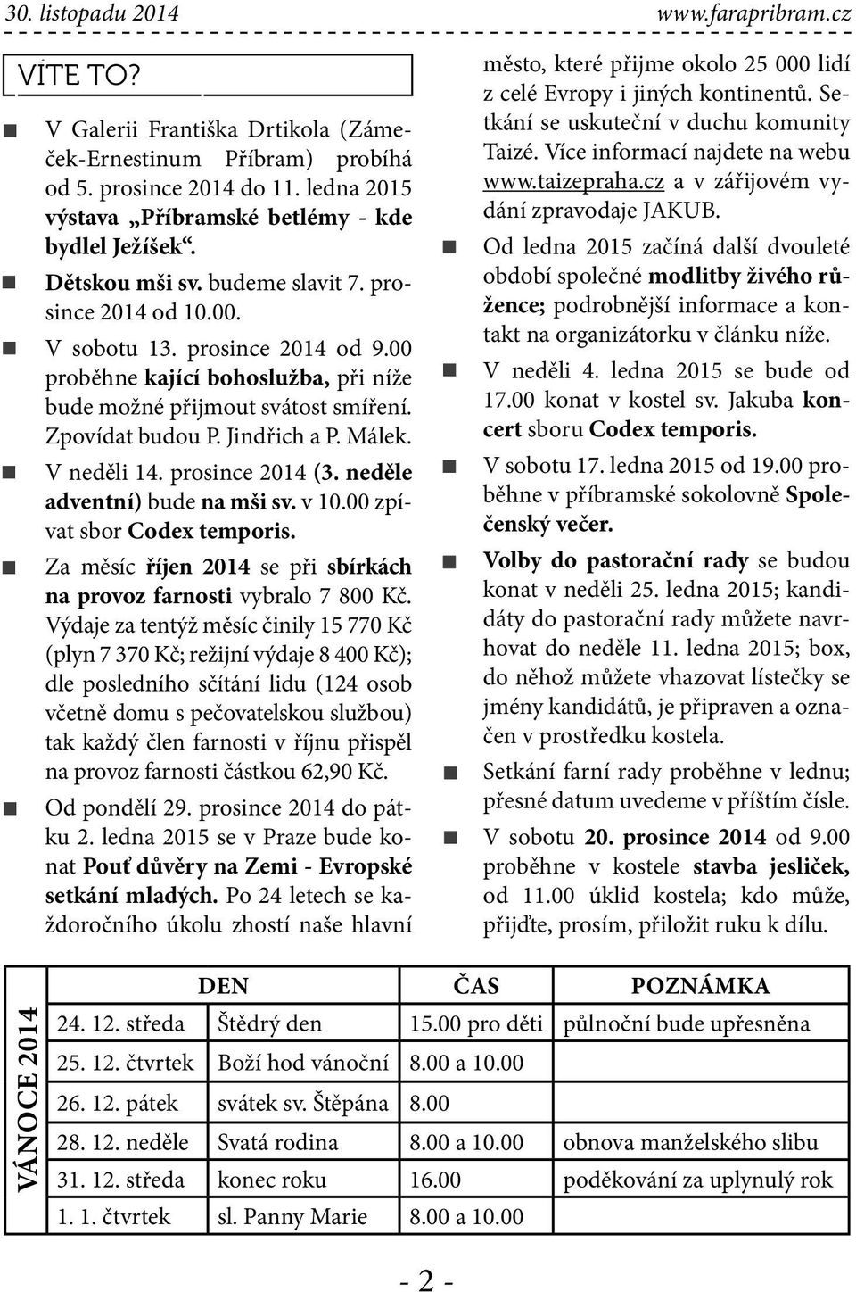 Málek. V neděli 14. prosince 2014 (3. neděle adventní) bude na mši sv. v 10.00 zpívat sbor Codex temporis. Za měsíc říjen 2014 se při sbírkách na provoz farnosti vybralo 7 800 Kč.