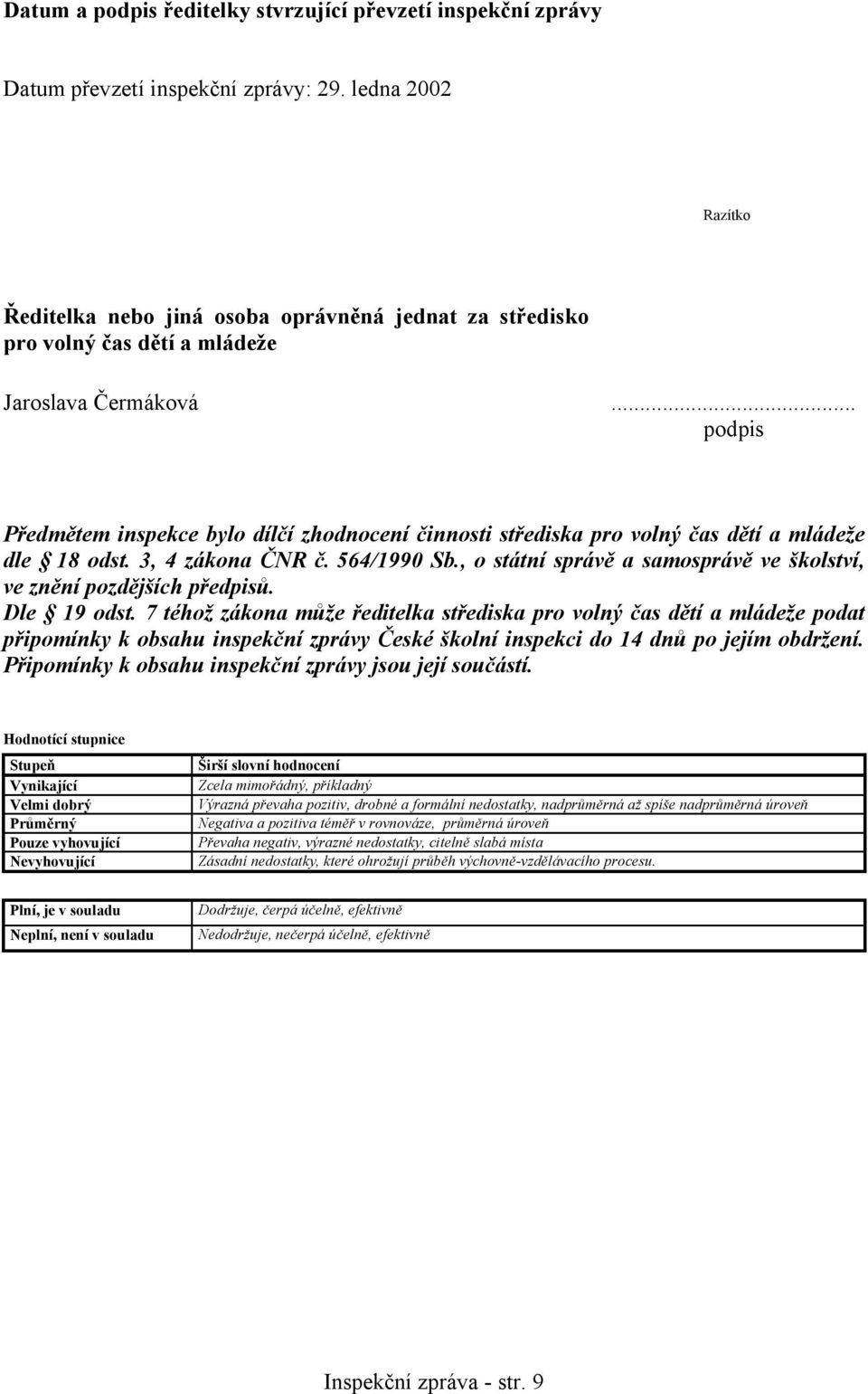 .. podpis Předmětem inspekce bylo dílčí zhodnocení činnosti střediska pro volný čas dětí a mládeže dle 18 odst. 3, 4 zákona ČNR č. 564/1990 Sb.