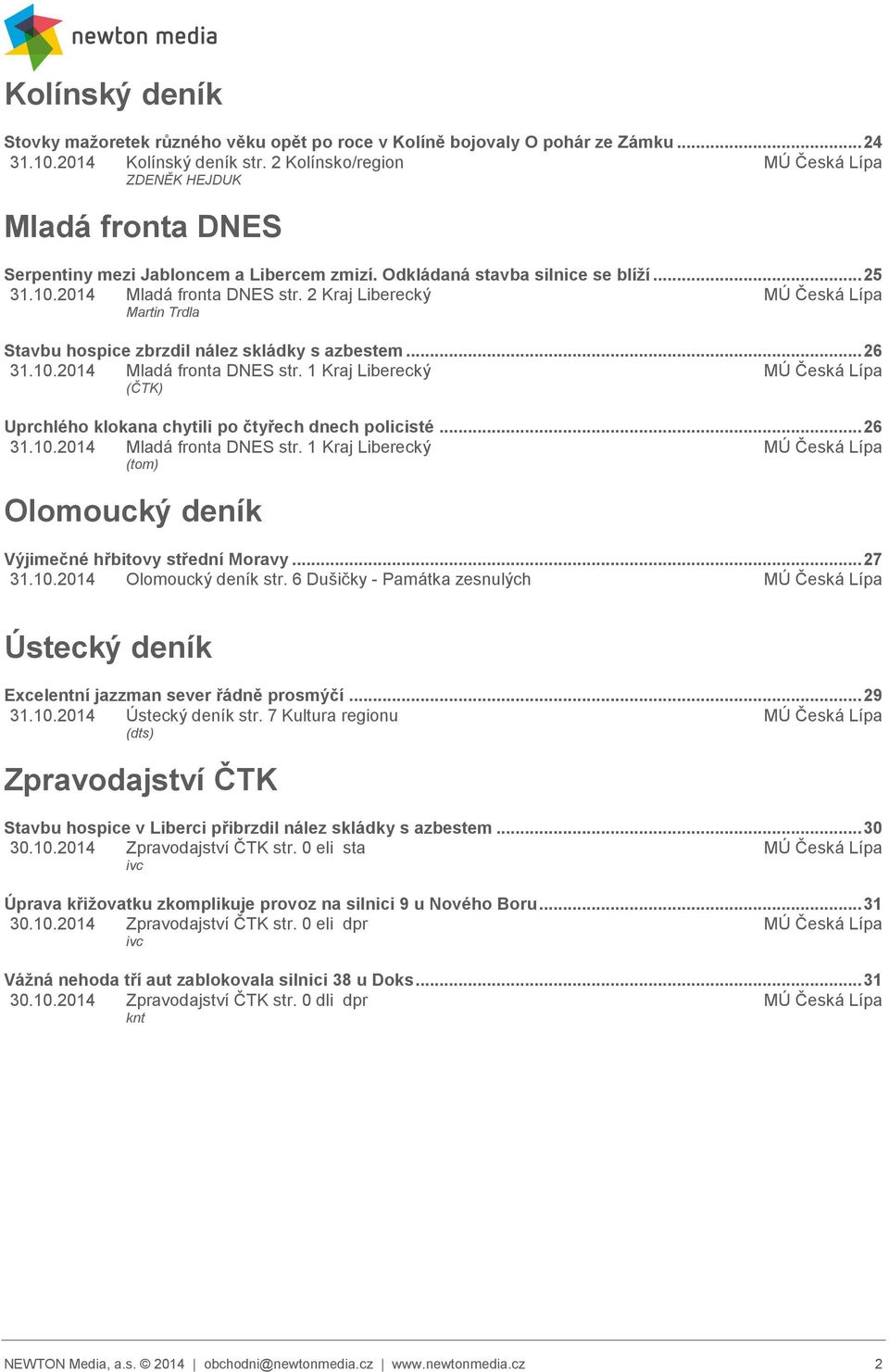 2 Kraj Liberecký MÚ Česká Lípa Martin Trdla Stavbu hospice zbrzdil nález skládky s azbestem... 26 31.10.2014 Mladá fronta DNES str.