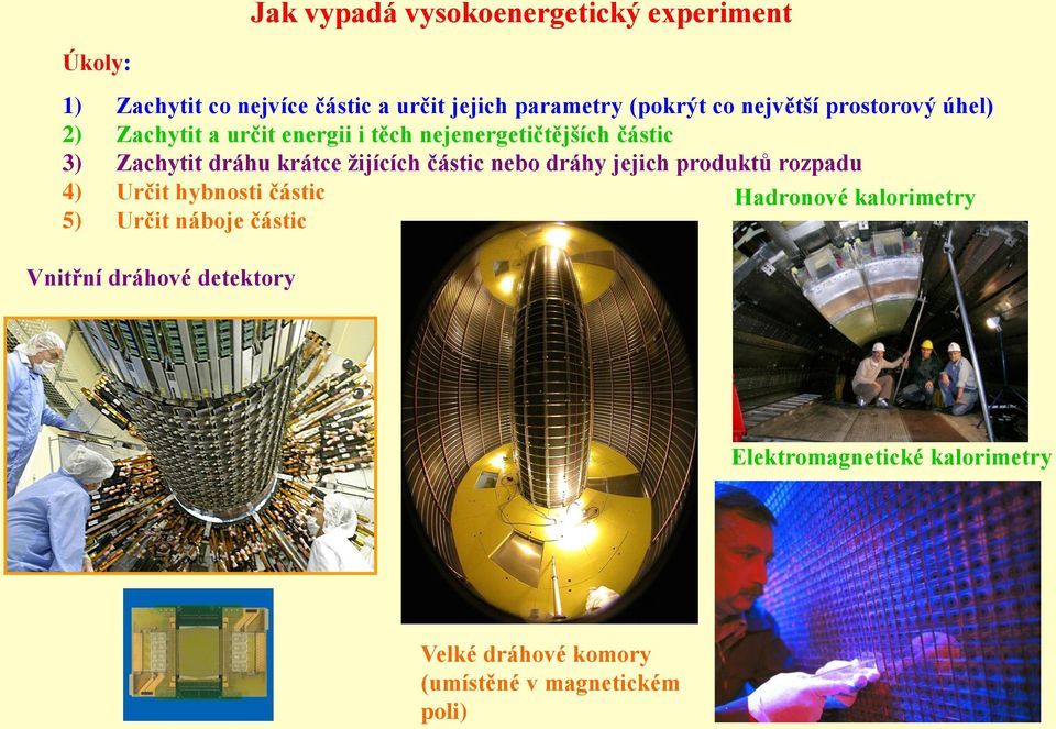 žijících částic nebo dráhy jejich produktů rozpadu 4) Určit hybnosti částic 5) Určit náboje částic Hadronové