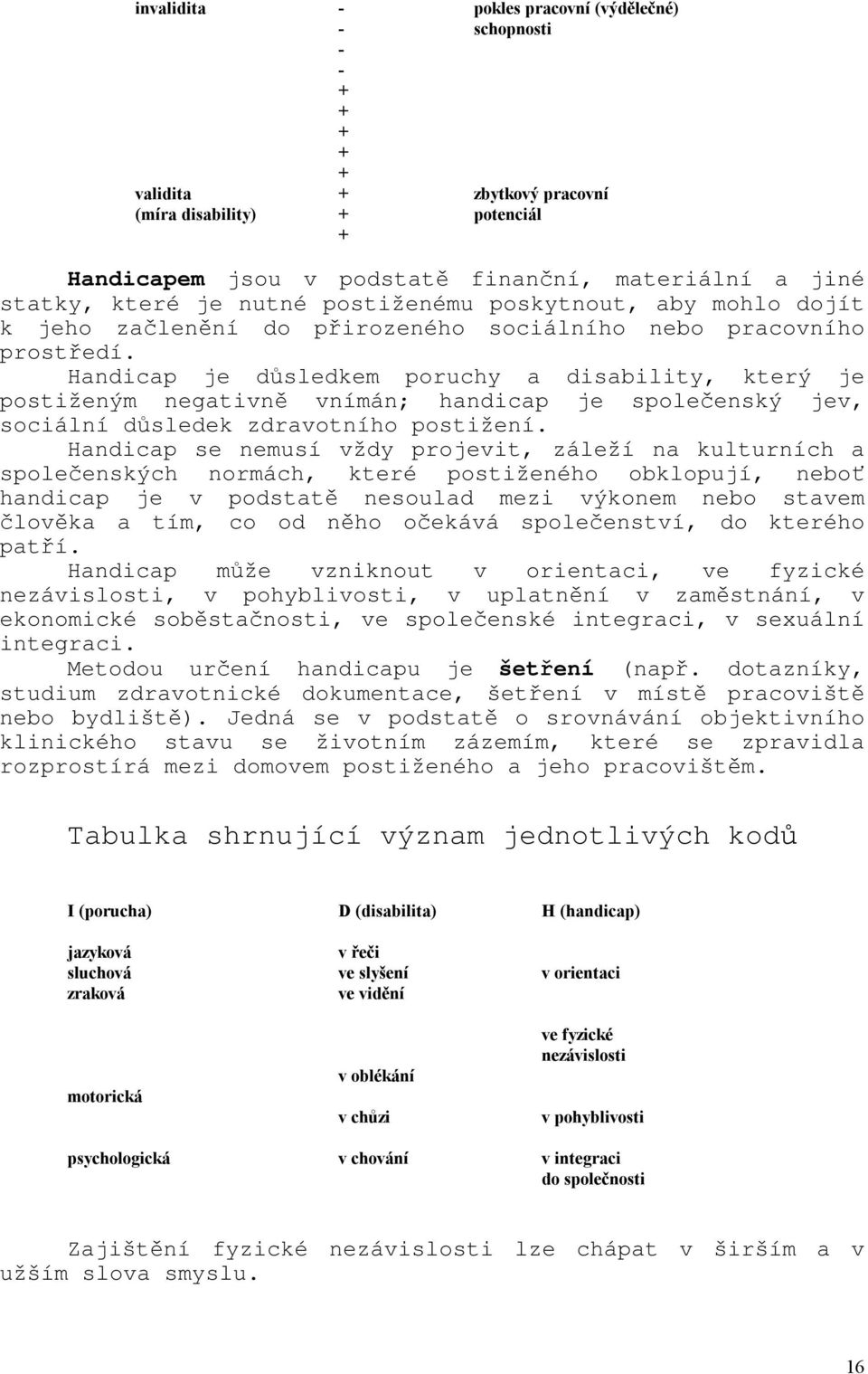 Handicap je důsledkem poruchy a disability, který je postiženým negativně vnímán; handicap je společenský jev, sociální důsledek zdravotního postižení.