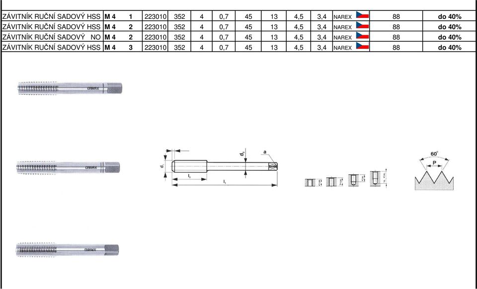 ZÁVITNÍK RUČNÍ SADOVÝ NO M 4 2 223010 352 4 0,7 45 13 4,5 3,4 NAREX 88 do 40%