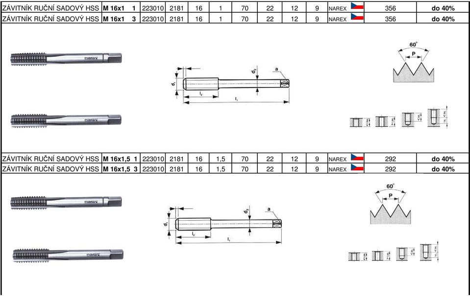 ZÁVITNÍK RUČNÍ SADOVÝ HSS M 16x1,5 1 223010 2181 16 1,5 70 22 12 9 NAREX 292 do