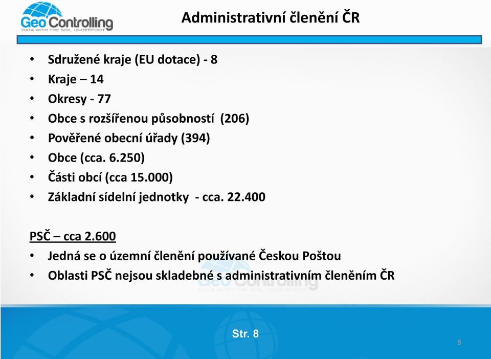 250) Části obcí (cca 15.000) Základní sídelní jednotky - cca. 22.400 PSČ cca 2.