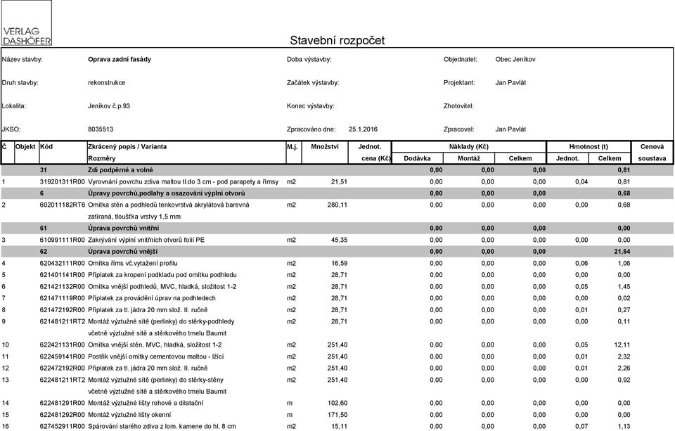 Celkem soustava 31 Zdi podpěrné a volné 0,81 1 319201311R00 Vyrovnání povrchu zdiva maltou tl.