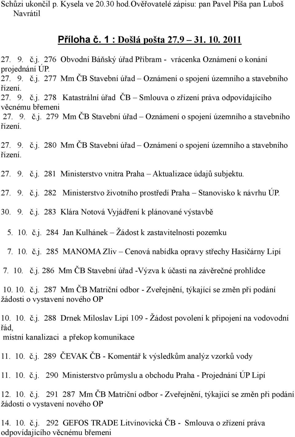 9. č.j. 279 Mm ČB Stavební úřad Oznámení o spojení územního a stavebního 27. 9. č.j. 280 Mm ČB Stavební úřad Oznámení o spojení územního a stavebního 27. 9. č.j. 281 Ministerstvo vnitra Praha Aktualizace údajů subjektu.