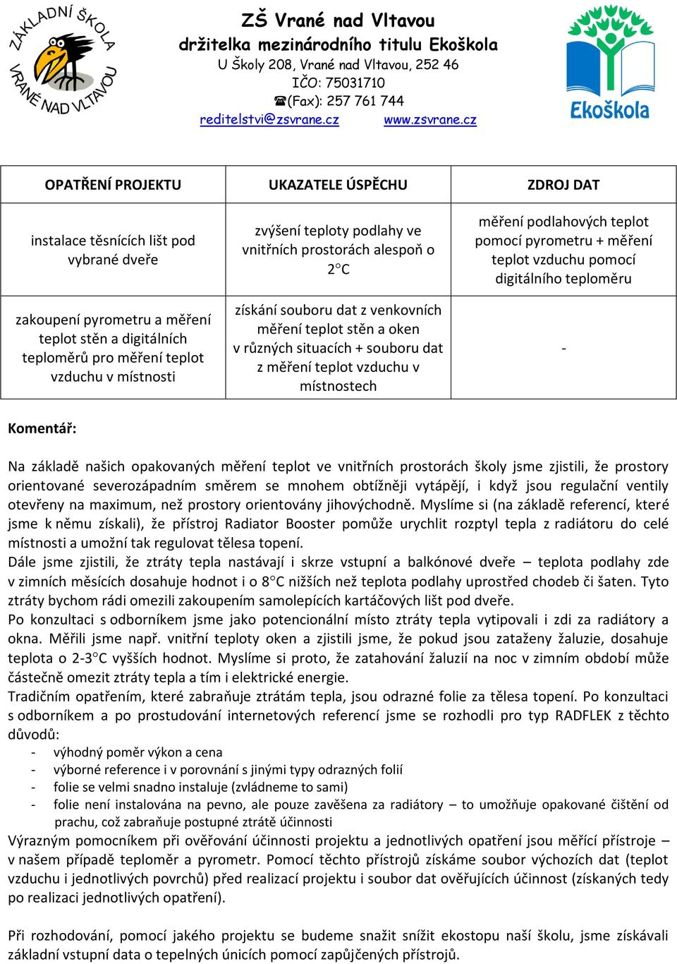 podlahových teplot pomocí pyrometru + měření teplot vzduchu pomocí digitálního teploměru - Komentář: Na základě našich opakovaných měření teplot ve vnitřních prostorách školy jsme zjistili, že