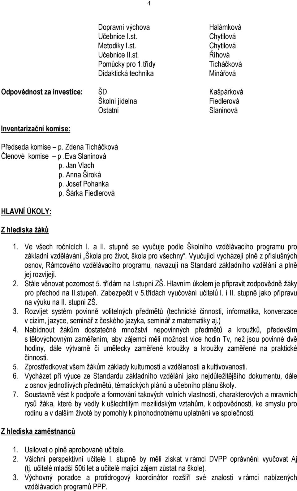 komise p. Zdena Ticháčková Členové komise p.eva Slaninová p. Jan Vlach p. Anna Široká p. Josef Pohanka p. Šárka Fiedlerová HLAVNÍ ÚKOLY: Z hlediska žáků 1. Ve všech ročnících I. a II.