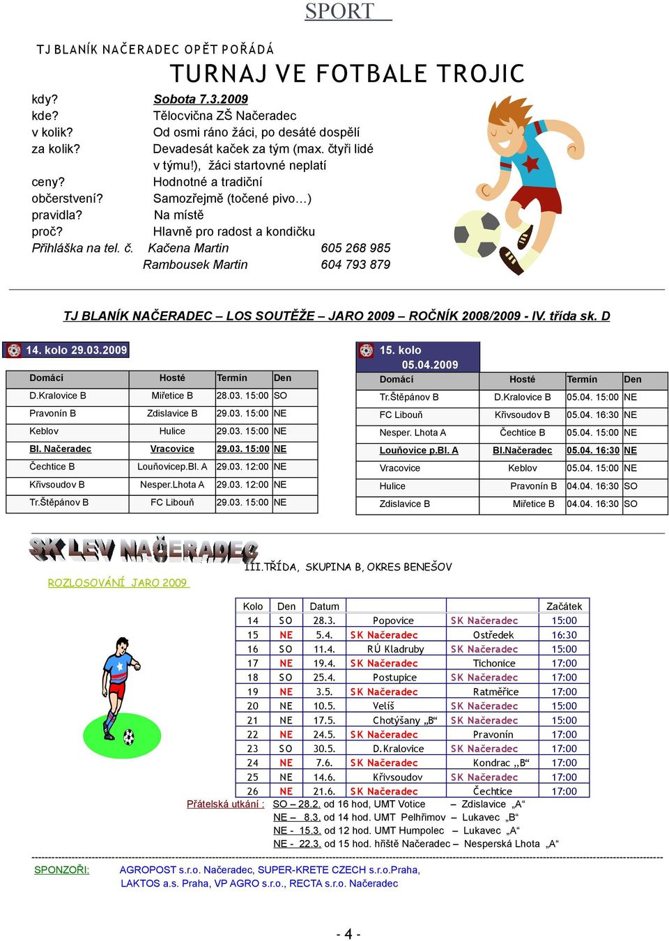 Kačena Martin 605 268 985 Rambousek Martin 604 793 879 TJ BLANÍK NAČERADEC LOS SOUTĚŽE JARO 2009 ROČNÍK 2008/2009 - IV. třída sk. D 14. kolo 29.03.2009 Domácí Hosté Termín Den D.