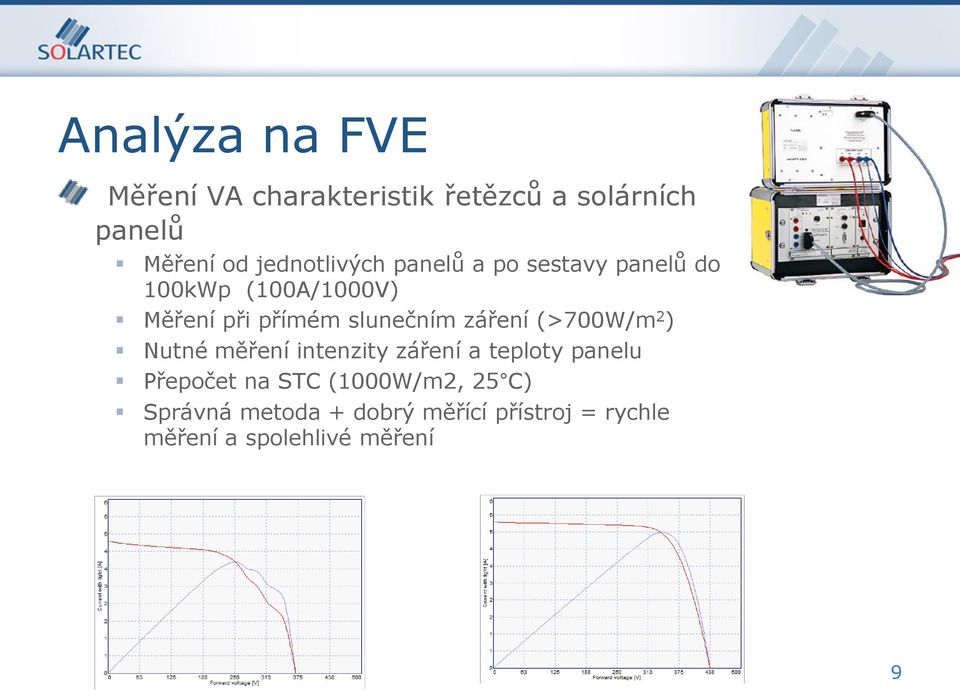 slunečním záření (>700W/m 2 ) Nutné měření intenzity záření a teploty panelu Přepočet