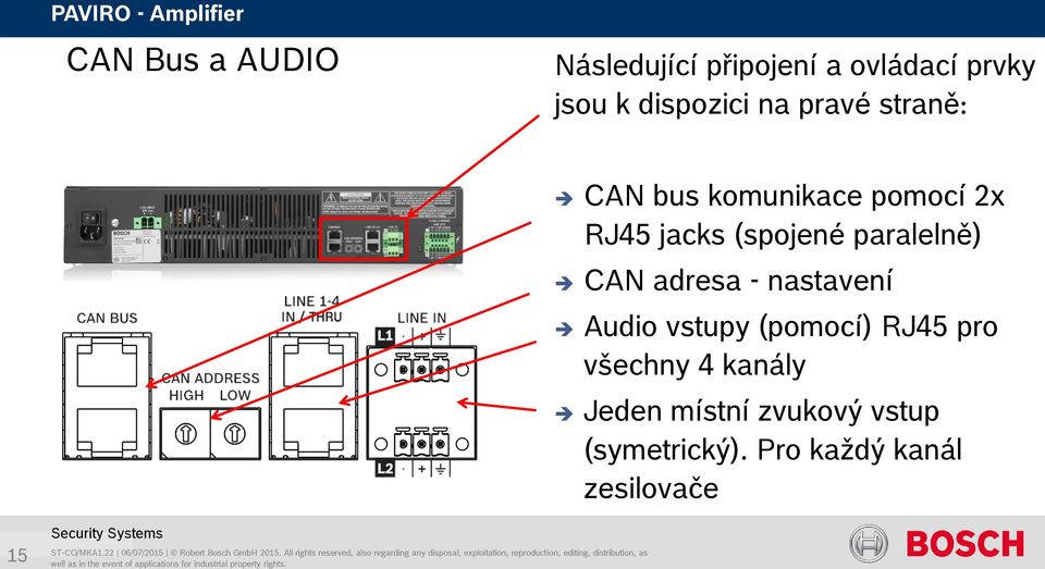 paralelně) CAN adresa - nastavení Audio vstupy (pomocí) RJ45 pro všechny