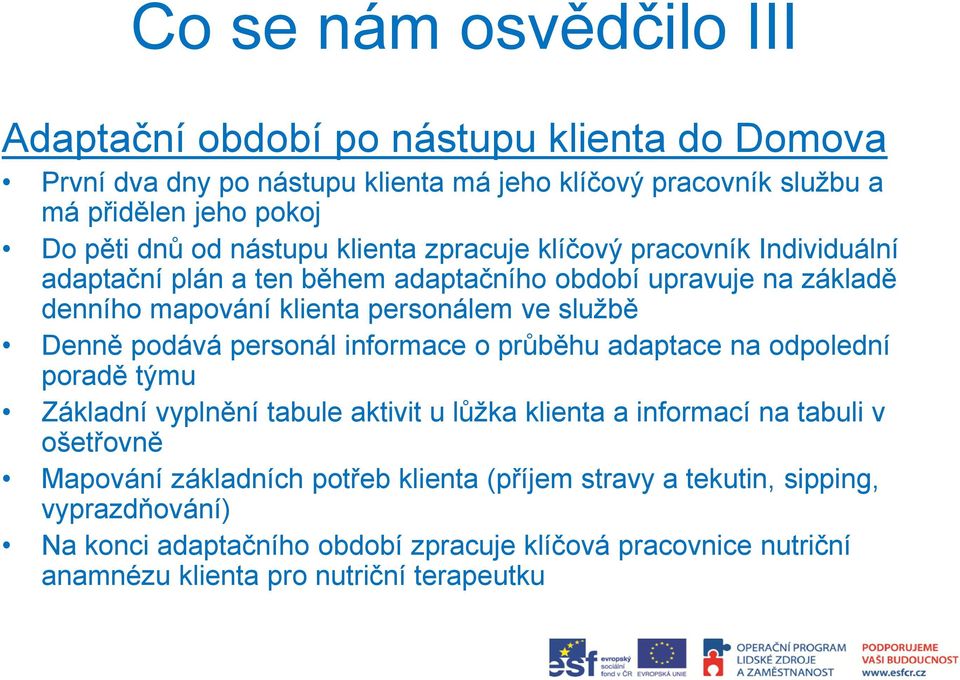 Denně podává personál informace o průběhu adaptace na odpolední poradě týmu Základní vyplnění tabule aktivit u lůžka klienta a informací na tabuli v ošetřovně Mapování