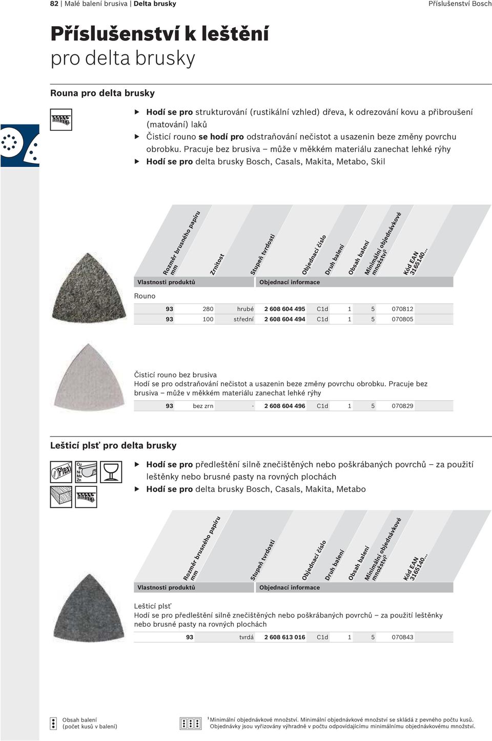 Pracuje bez brusiva může v měkkém materiálu zanechat lehké rýhy Hodí se pro delta brusky Bosch, Casals, Makita, Metabo, Skil Rozměr brusného papíru mm Stupeň tvrdosti Rouno 93 280 hrubé 2 608 604 495