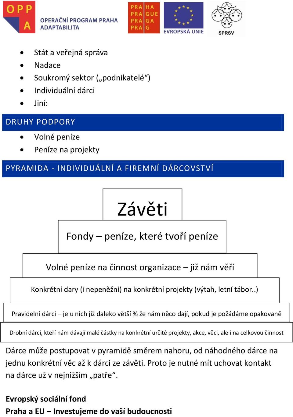 .) Pravidelní dárci je u nich již daleko větší % že nám něco dají, pokud je požádáme opakovaně Drobní dárci, kteří nám dávají malé částky na konkrétní určité projekty, akce, věci,