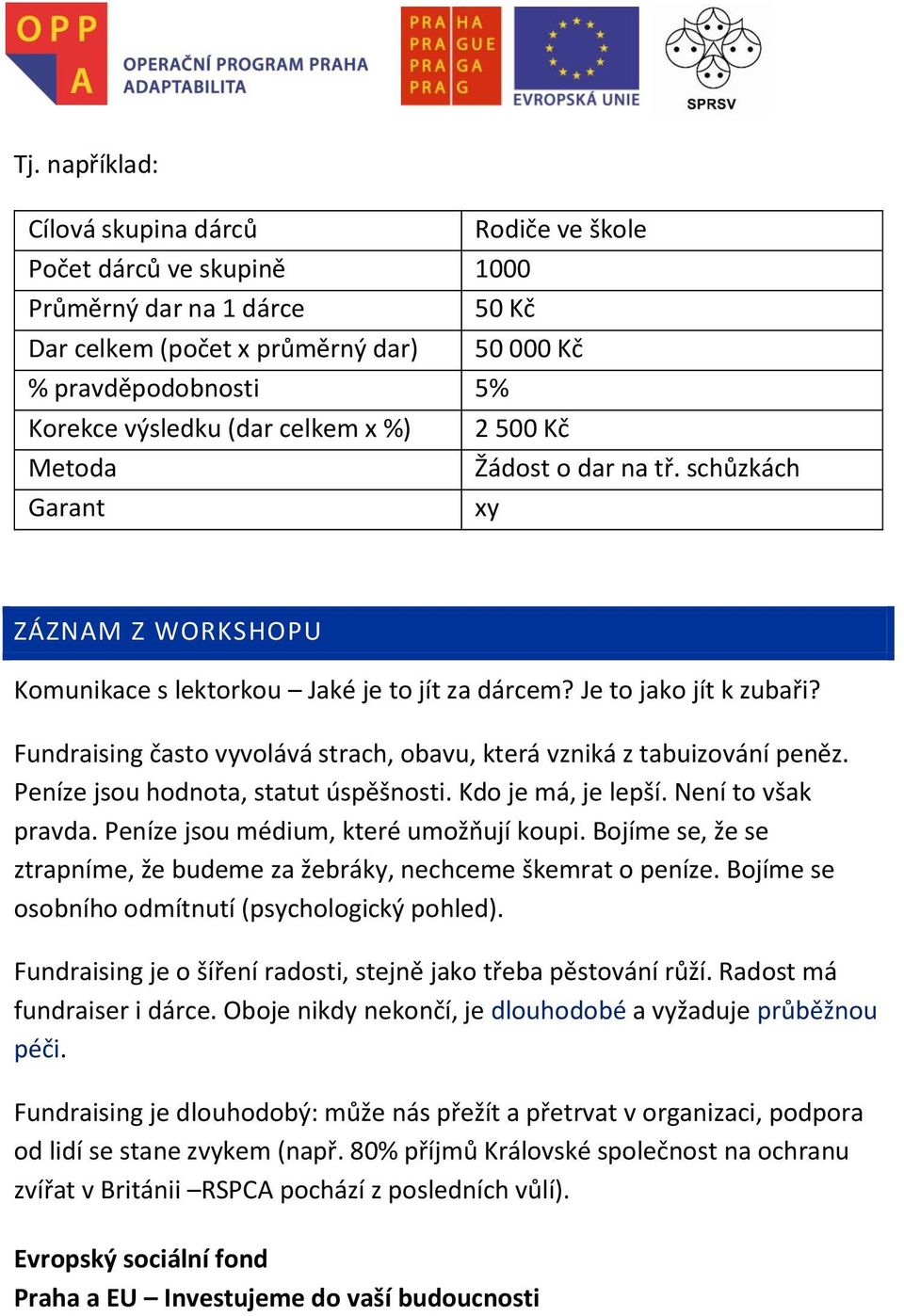 Fundraising často vyvolává strach, obavu, která vzniká z tabuizování peněz. Peníze jsou hodnota, statut úspěšnosti. Kdo je má, je lepší. Není to však pravda. Peníze jsou médium, které umožňují koupi.