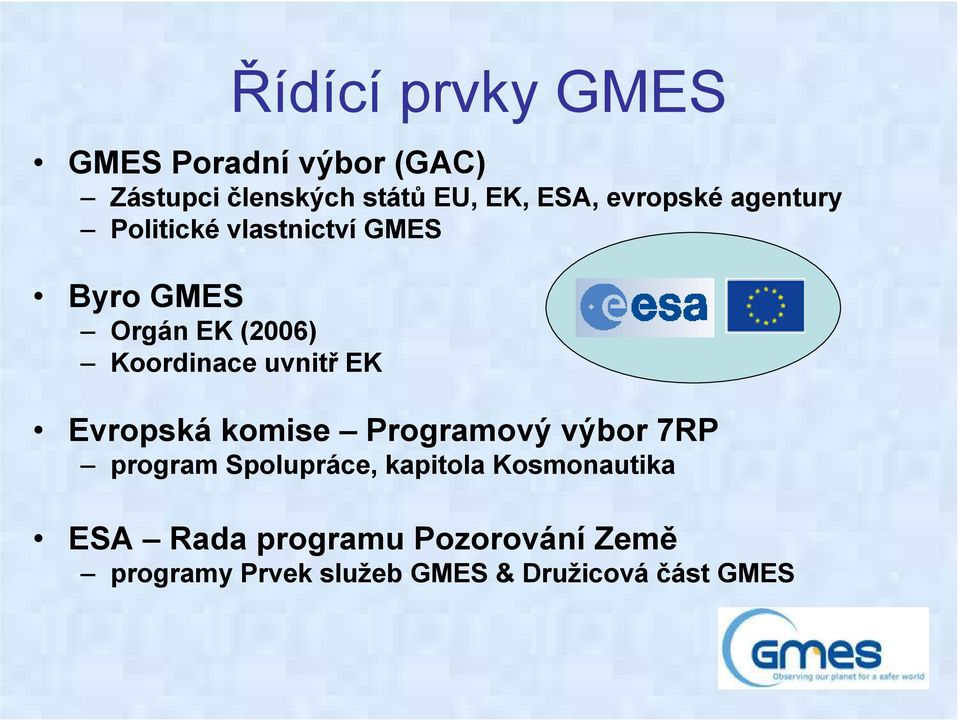prvky GMES Evropská komise Programový výbor 7RP program Spolupráce, kapitola
