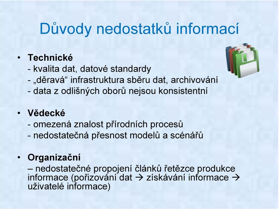 přírodních procesů - nedostatečná přesnost modelů a scénářů Organizační nedostatečné