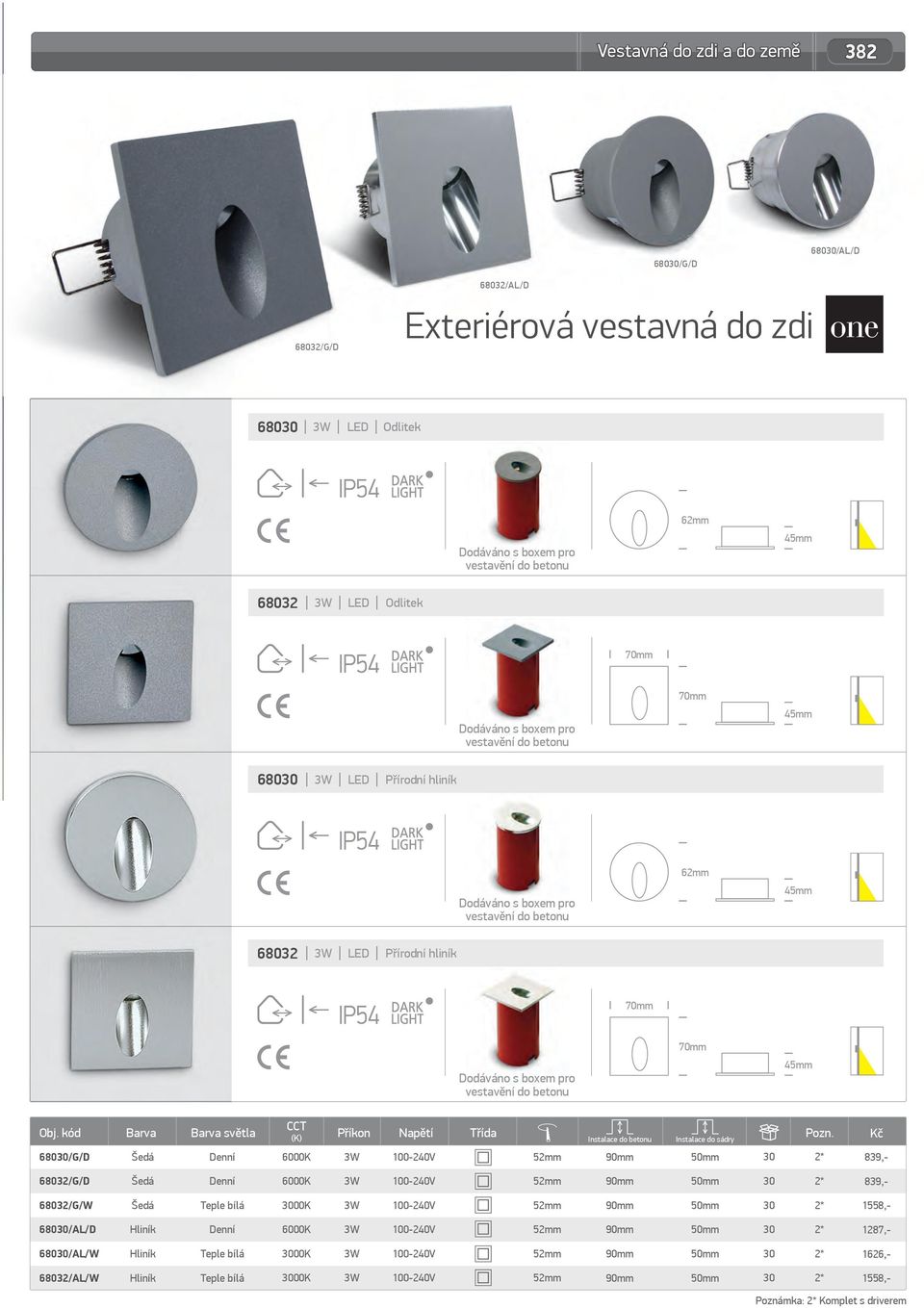 Instalace do betonu Instalace do sádry 68030/G/D 3W 1000V 52mm 50mm 30 839, 68032/G/D 3W 1000V 52mm 50mm 30 839, 68032/G/W 3W 1000V 52mm 50mm 30 1558,