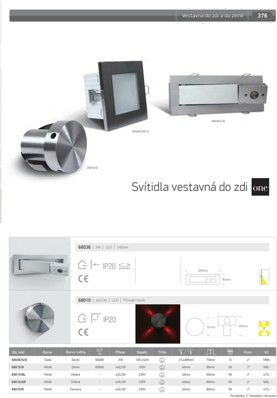 68036/G/D 3W 1000V 214x68mm 12 1999, 68010/D Hliník 4x0,2W 60mm 50 500, 68010/BL Hliník Modrá 4x0,2W 60mm 50