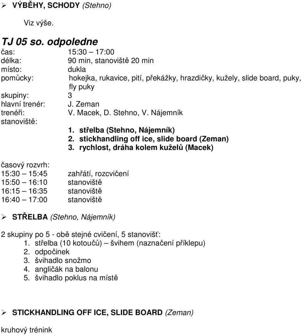 střelba (Stehno, Nájemník) 2. stickhandling off ice, slide board (Zeman) 3.