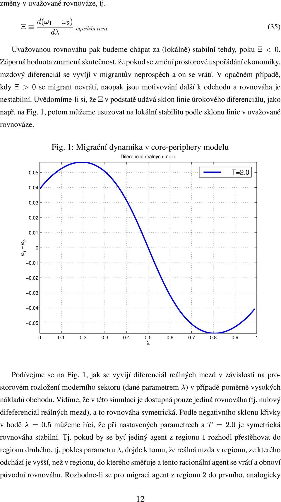 V opačném případě, kdy Ξ > 0 se migrant nevrátí, naopak jsou motivování další k odchodu a rovnováha je nestabilní. Uvědomíme-li si, že Ξ v podstatě udává sklon linie úrokového diferenciálu, jako např.