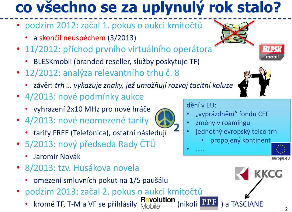 8 závěr: trh vykazuje znaky, jež umožňují rozvoj tacitní koluze 4/2013: nové podmínky aukce vyhrazení 2x10 MHz pro nové hráče 4/2013: nové neomezené tarify tarify FREE (Telefónica), ostatní