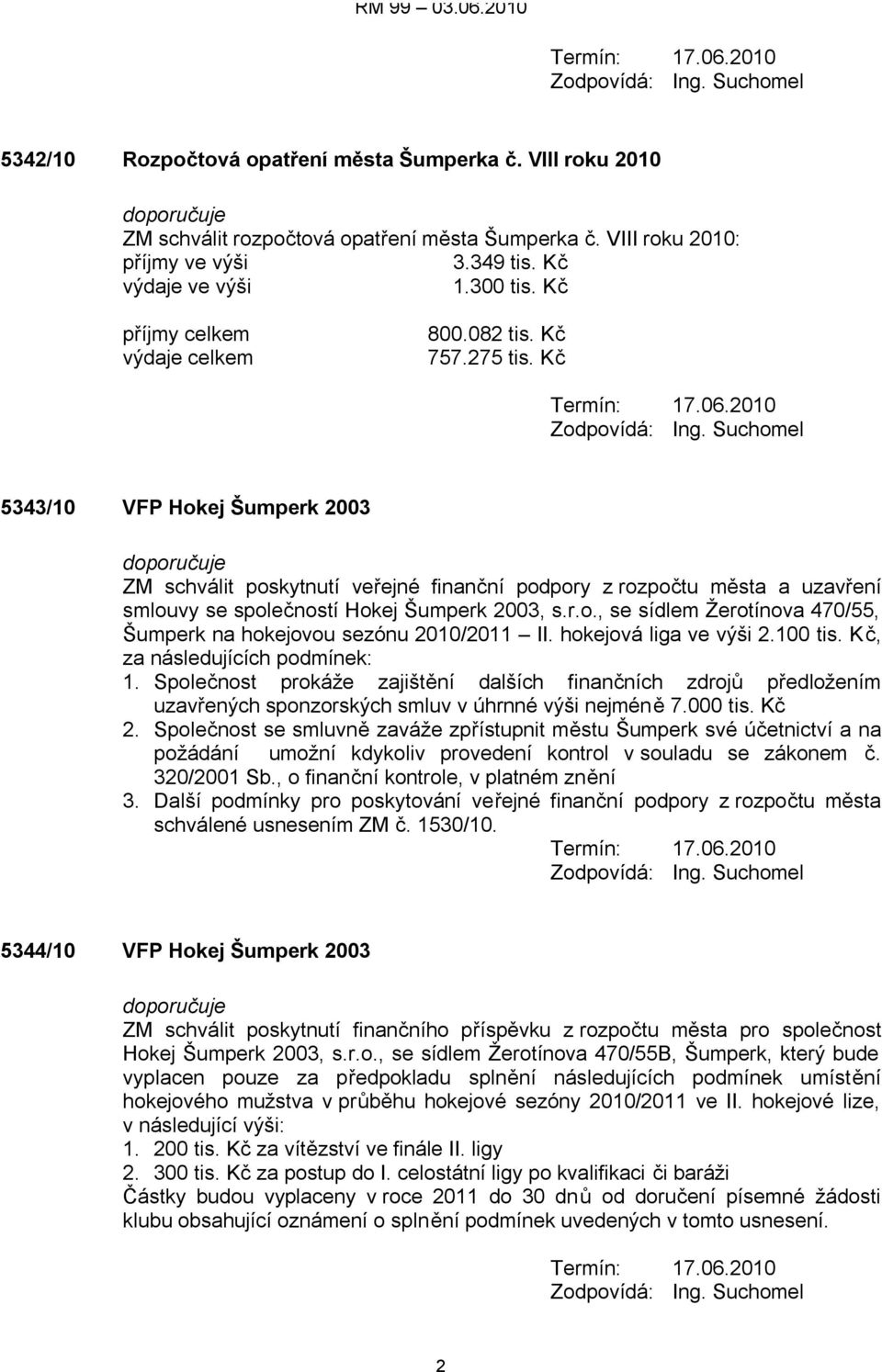 Suchomel 5343/10 VFP Hokej Šumperk 2003 doporučuje ZM schválit poskytnutí veřejné finanční podpory z rozpočtu města a uzavření smlouvy se společností Hokej Šumperk 2003, s.r.o., se sídlem Žerotínova 470/55, Šumperk na hokejovou sezónu 2010/2011 II.