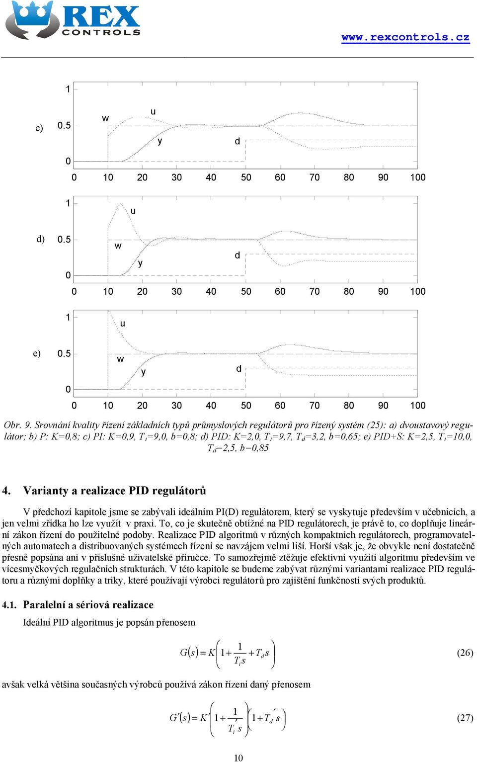 Obr. 9. Srovnání kval řízní záklaních pů průmslových rgláorů pro řízný ssém (5): a) vosavový rgláor; b) P: K=,8; c) PI: K=,9, =9,, b=,8; ) PID: K=,, =9,7, =3,, b=,65; ) PID+S: K=,5, =,, =,5, b=,85 4.