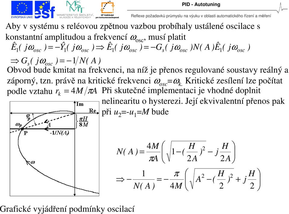bude kmitat na frekvenci, na níž je přenos regulované soustav reálný a záporný, tzn. právě na kritické frekvenci ω osc ω k.