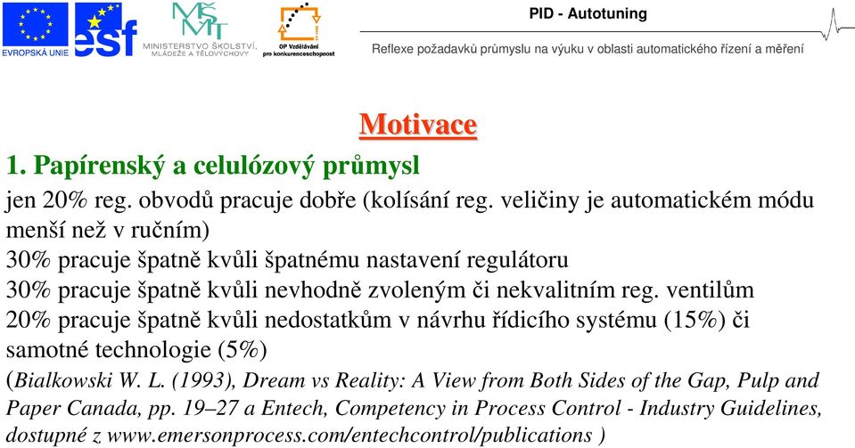 ventilům 0% pracuje špatně kvůli nedostatkům v návrhu řídicího sstému (5%) či samotné technologie (5%) (Bialkowski W. L.