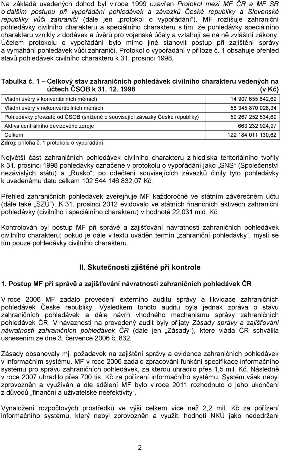 MF rozlišuje zahraniční pohledávky civilního charakteru a speciálního charakteru s tím, že pohledávky speciálního charakteru vznikly z dodávek a úvěrů pro vojenské účely a vztahují se na ně zvláštní