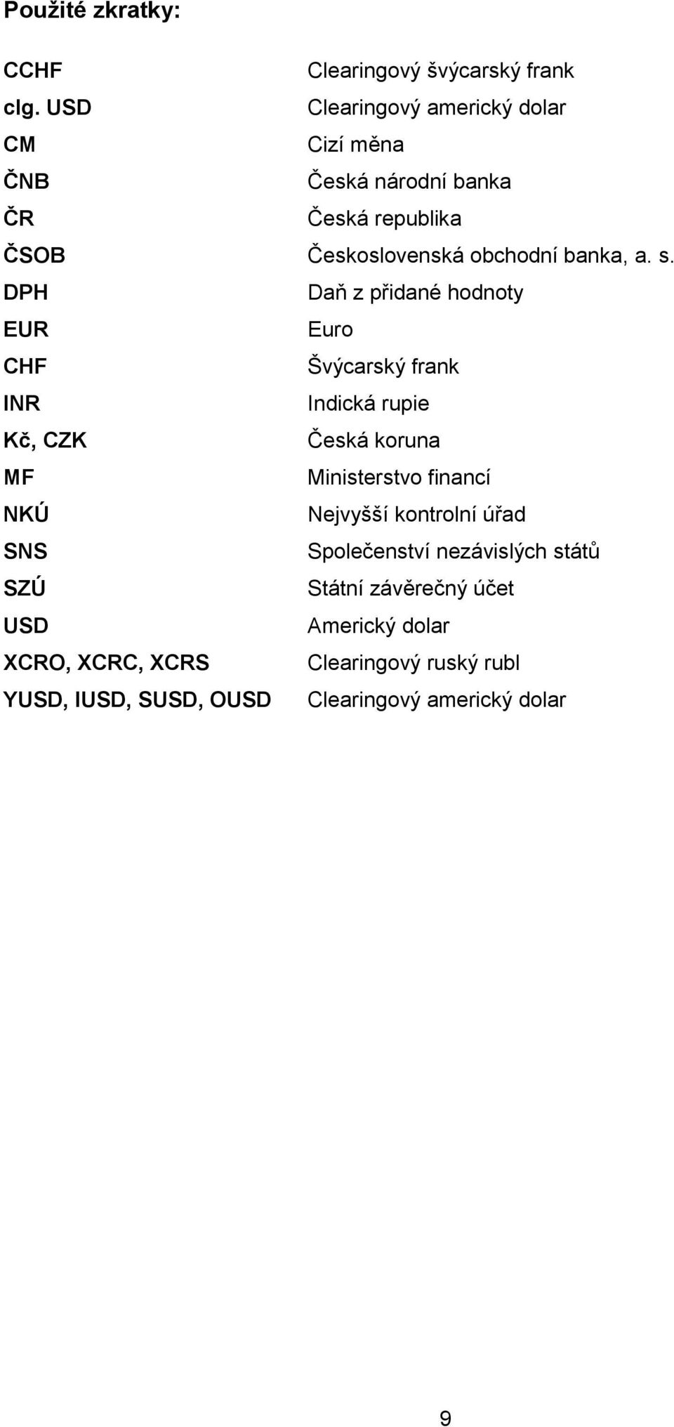 s. DPH Daň z přidané hodnoty EUR Euro CHF Švýcarský frank INR Indická rupie Kč, CZK Česká koruna MF Ministerstvo financí NKÚ