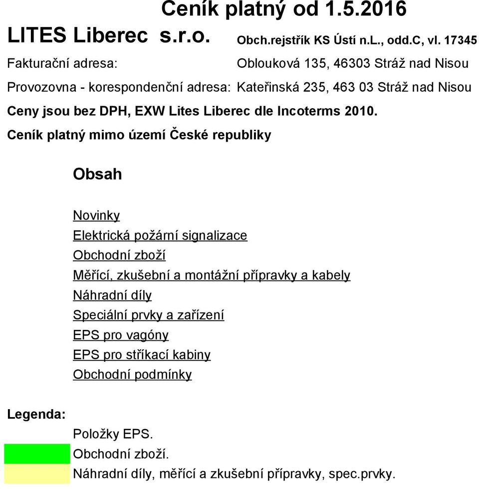 DPH, EXW Lites Liberec dle Incoterms 2010.