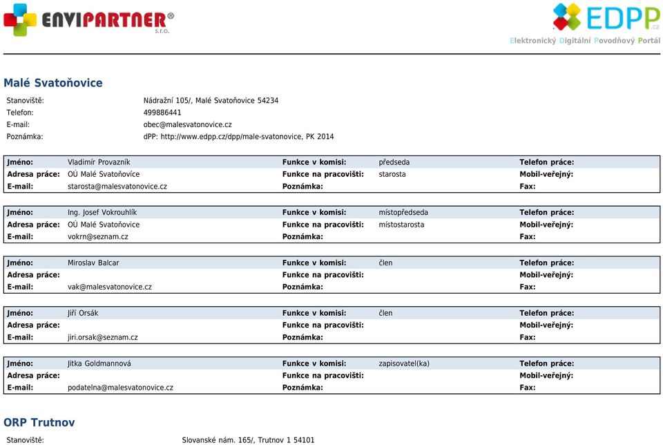 cz Poznámka: Fax: Jméno: Ing. Josef Vokrouhlík Funkce v komisi: místopředseda Telefon práce: OÚ Malé Svatoňovice Funkce na pracovišti: místostarosta vokrn@seznam.