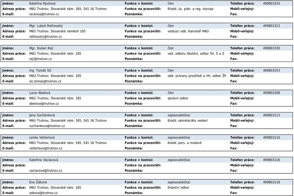 cz Poznámka: Fax: Jméno: Mgr. Dušan Rejl Funkce v komisi: člen Telefon práce: 499803330 MěÚ Trutnov, Slovanské nám. 165 Funkce na pracovišti: ved. odboru školství, odbor SV, Š a Z rejl@trutnov.