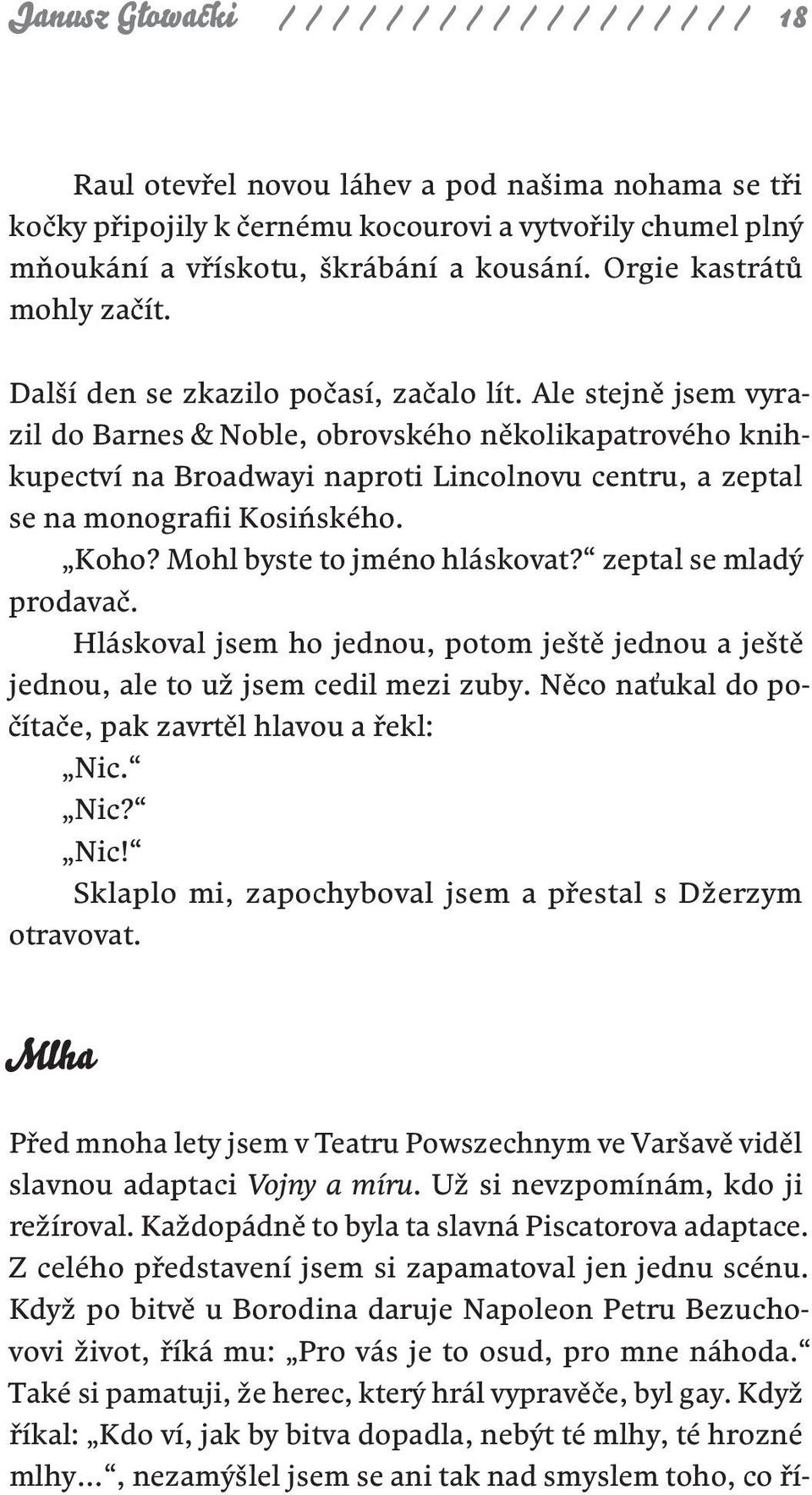 Ale stejně jsem vyrazil do Barnes & Noble, obrovského několikapatrového knihkupectví na Broadwayi naproti Lincolnovu centru, a zeptal se na monografii Kosińského. Koho? Mohl byste to jméno hláskovat?