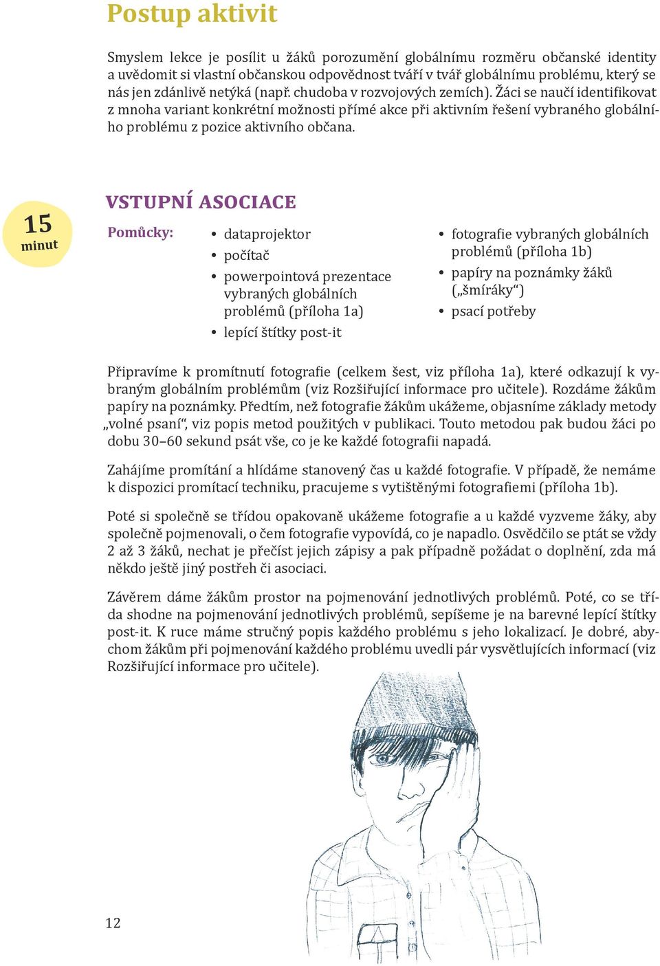 15 minut VSTUPNÍ ASOCIACE Pomůcky: dataprojektor počítač powerpointová prezentace vybraných globálních problémů (příloha 1a) lepící štítky post-it fotografie vybraných globálních problémů (příloha