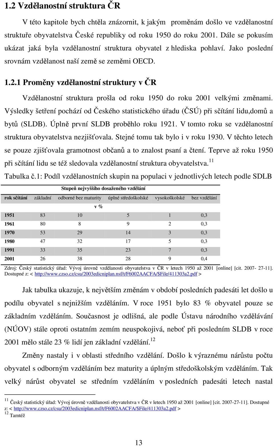 1 Proměny vzdělanostní struktury v ČR Vzdělanostní struktura prošla od roku 1950 do roku 2001 velkými změnami.