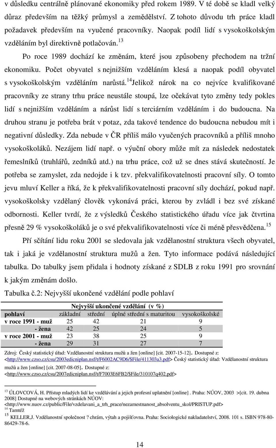 13 Po roce 1989 dochází ke změnám, které jsou způsobeny přechodem na tržní ekonomiku. Počet obyvatel s nejnižším vzděláním klesá a naopak podíl obyvatel s vysokoškolským vzděláním narůstá.