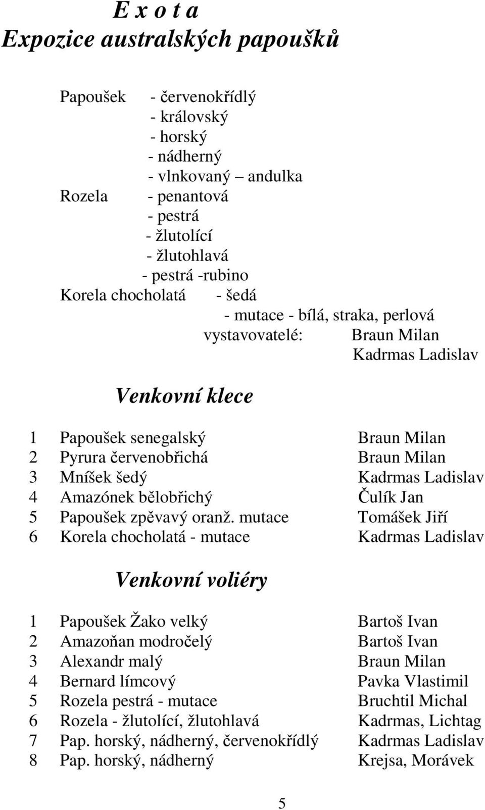 Kadrmas Ladislav 4 Amazónek bělobřichý Čulík Jan 5 Papoušek zpěvavý oranž.